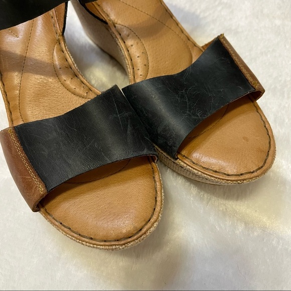 Born Nectar Brown Black Leather Two Tone Open Toe Wedge Sandal Women Size 9 - Picture 4 of 13